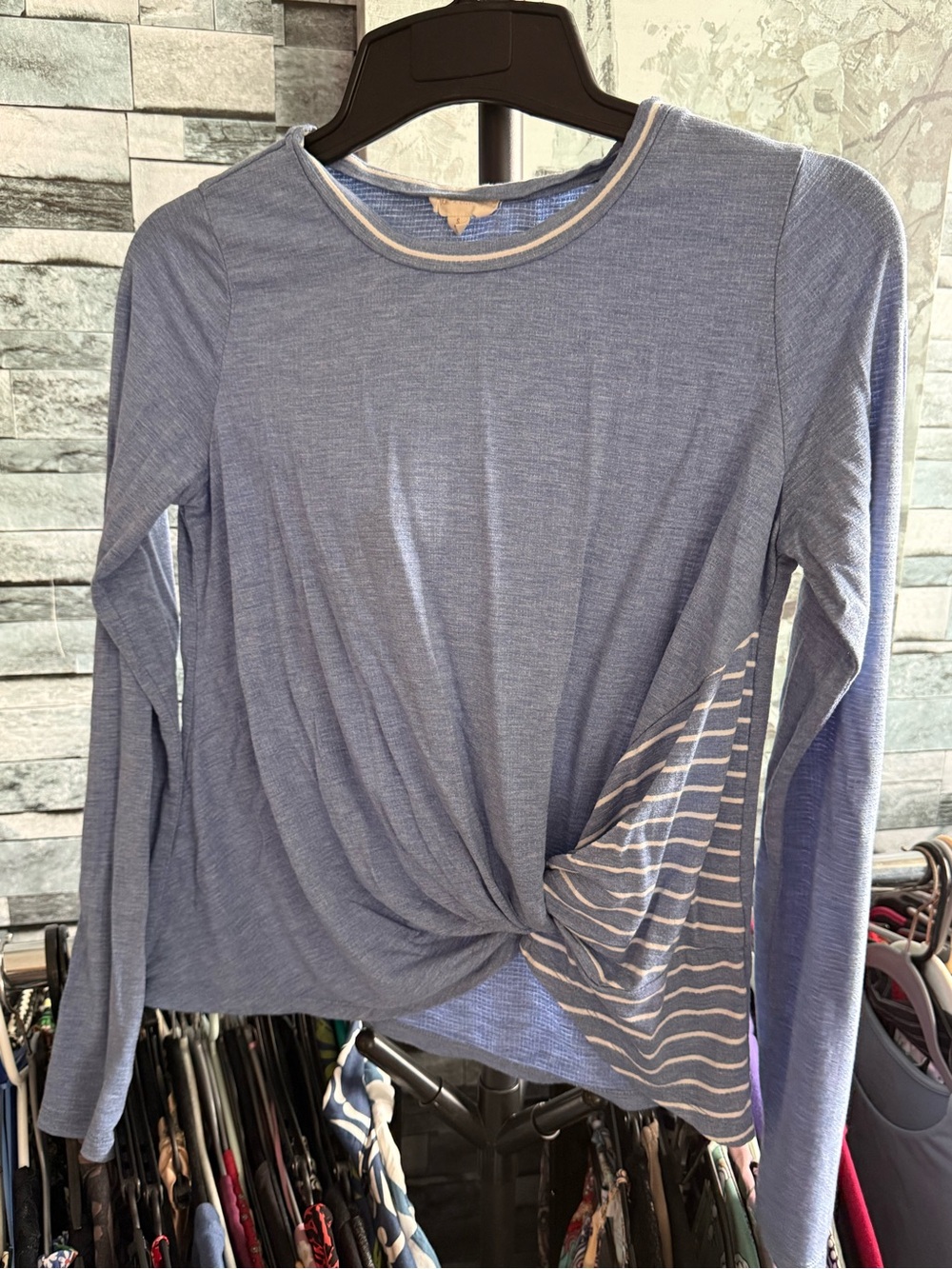 Light Blue Long-Sleeve Twist Front Top with Striped Panel